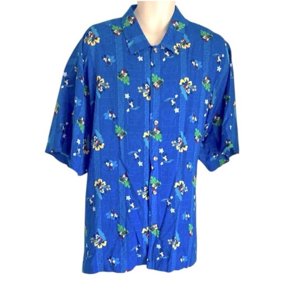 Vintage Blue Disney Store Exclusive Mickey Mouse Surfing Hawaiian Shirt XL